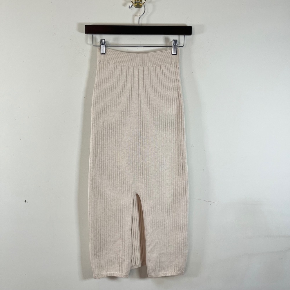 Free People Cream Ribbed Knit Midi Skirt High Waisted Front Slit Chic Size XS